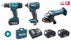Lot 3 Machines MAKITA 18V 3 Batteries 3Ah + Chargeur + Perceuse Visseuse DDF453 + Visseuse à Choc DTD152 + Meuleuse DGA452 - LMK2