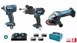 Lot 3 Machines MAKITA 18V 4 Batteries 5Ah + Chargeur Double + Perceuse Visseuse DHP458 + Visseuse à Choc DTD152 + Meuleuse DGA452Z - LMK11 -Makita LOT70037 1