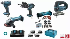 Lot 5 Machines MAKITA 18V 4 Batteries 5Ah + Chargeur Double + Perceuse Visseuse DHP458 + Visseuse à Choc DTD152 + Meuleuse DGA452Z + Scie Sauteuse DJV180Z + Découpeur Ponceur DTM51ZJX3 - LMK13 -Makita LOT70039 1