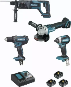 Ensemble De 4 Machines 18 V Li-Ion 5 Ah MAKITA Meuleuse DGA504 + Perceuse DDF482 + Perfo DHR241 + Visseuse DTD153 - 2 Batteries, Chargeur, Coffret - DLX4080TX1
